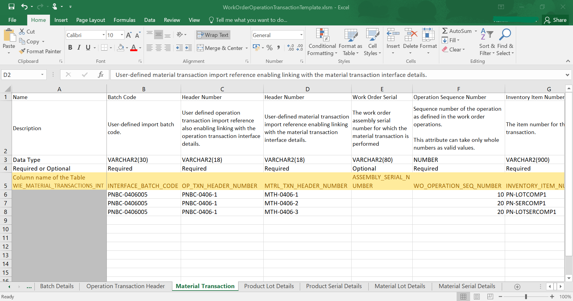 Work Order Operation Transaction Import FBDI template with new sheets for Material, Material Lot and Material Serial Details