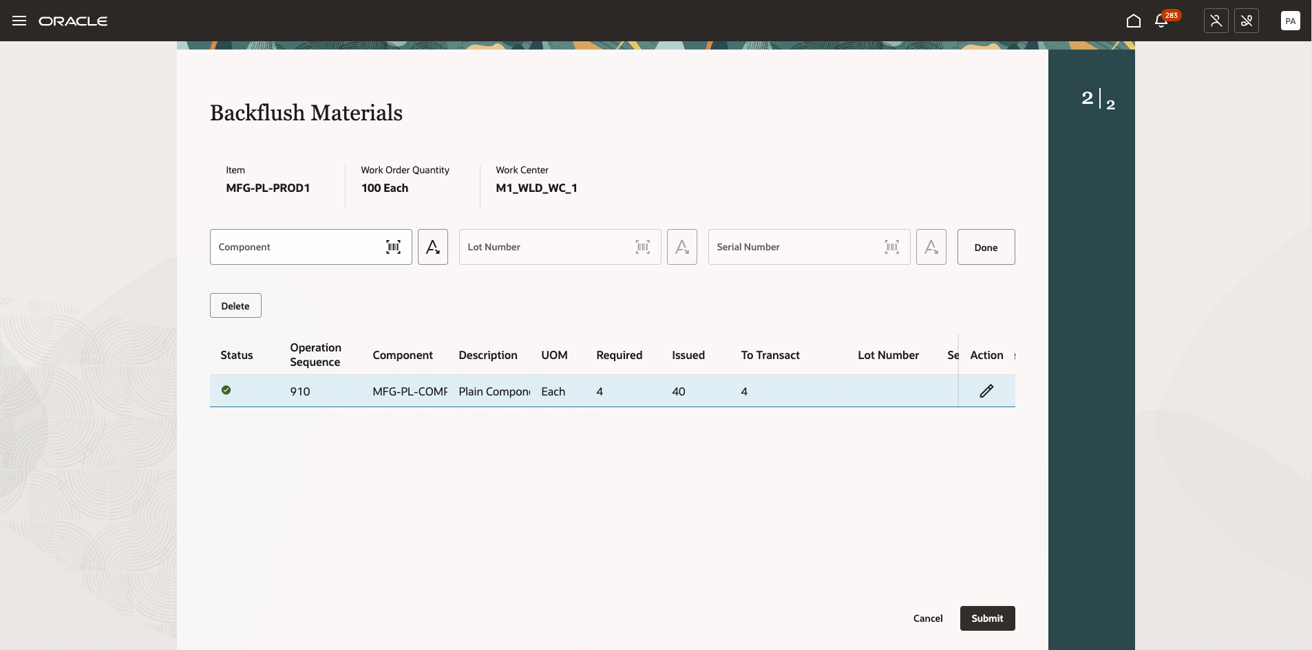 Report Backflush Materials During Execution