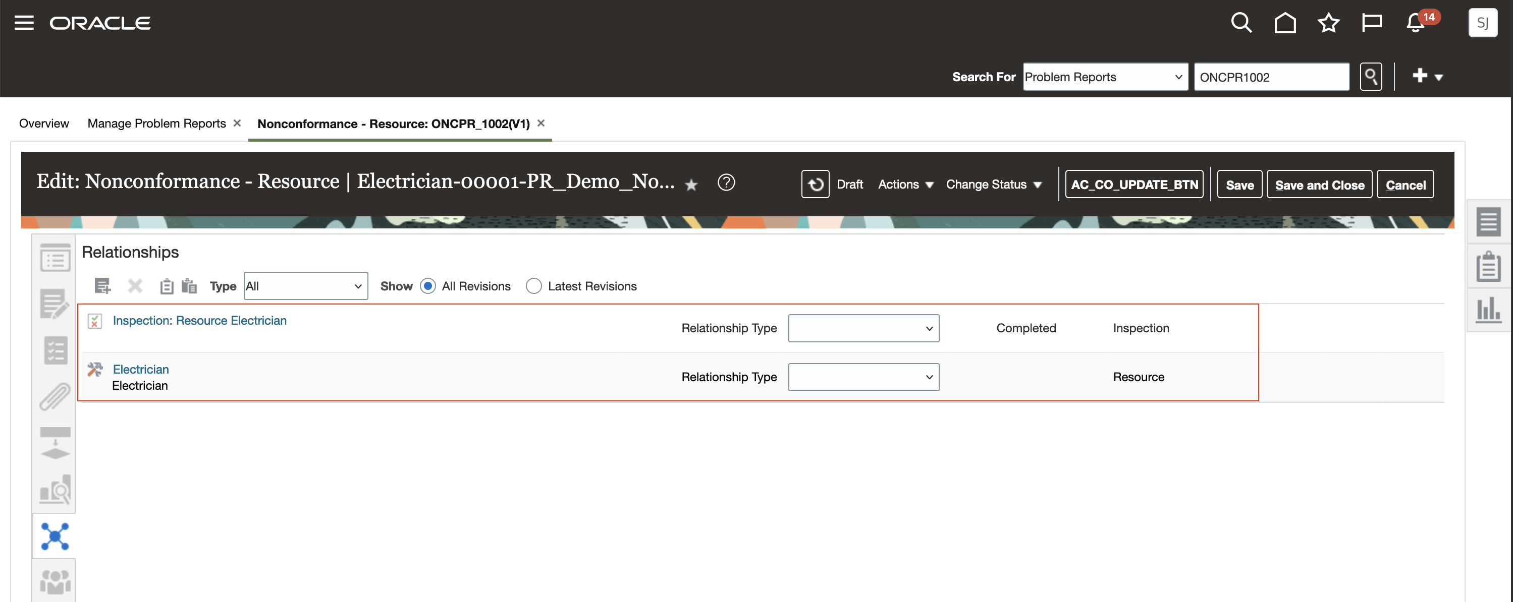 Problem Report Created for Nonconformance of Resource shows Relationships of Inspection and Resource