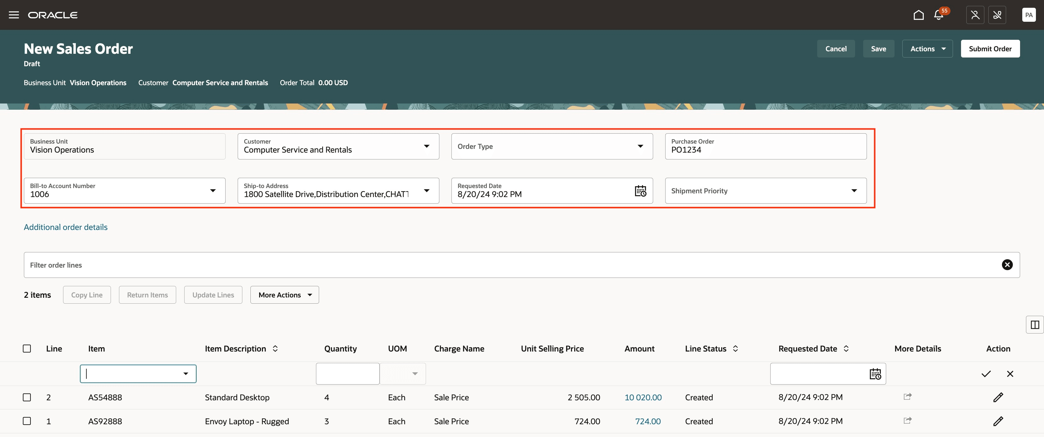 Order Entry main screen with additional attributes exposed using Business Rules