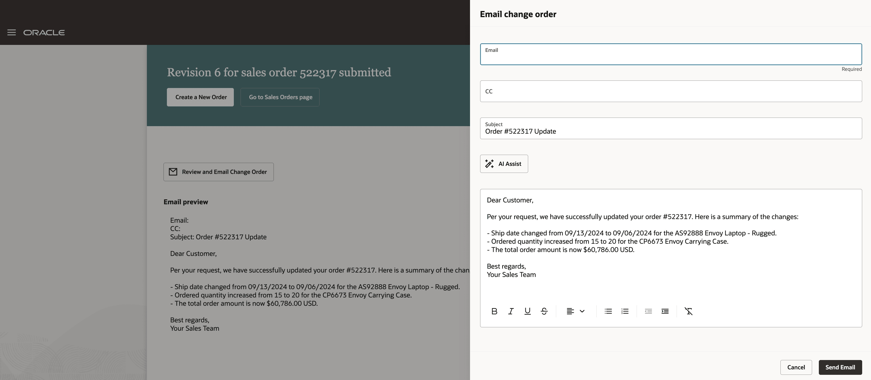 Generate and email change order acknowledgement at submit