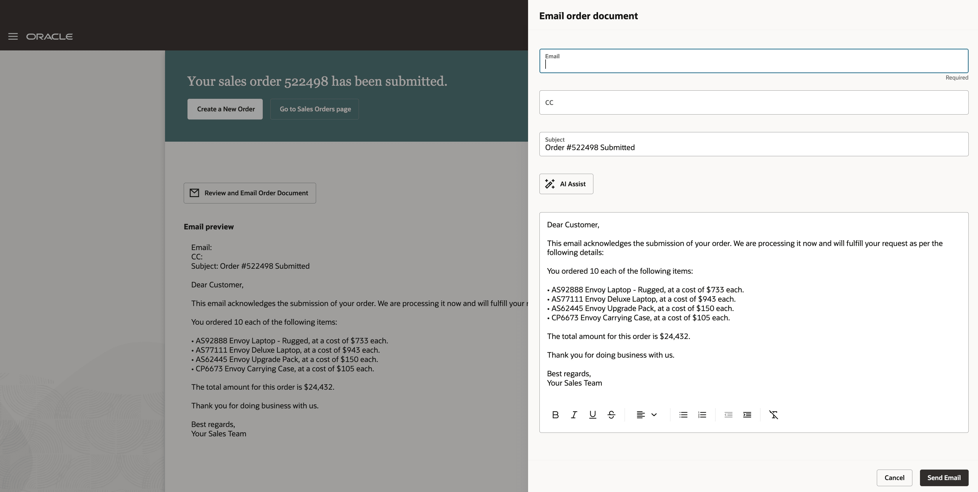 Email ordering document at submit with Generative AI