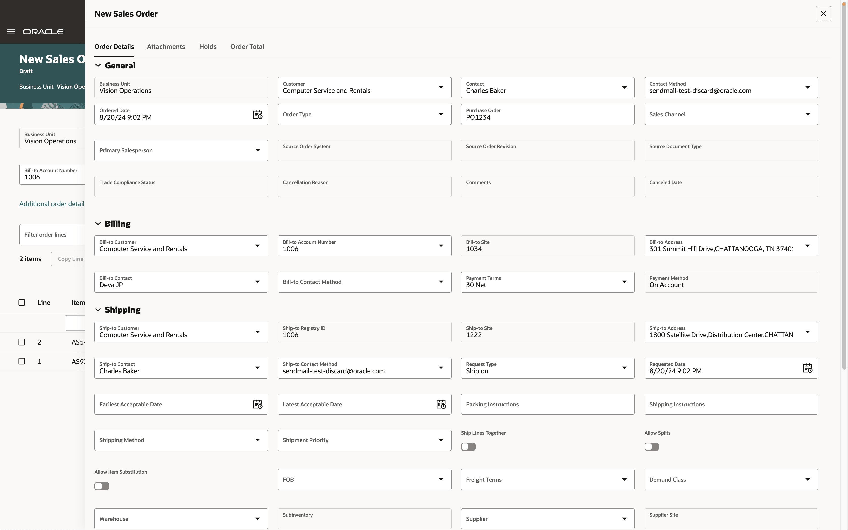Additional order details drawer