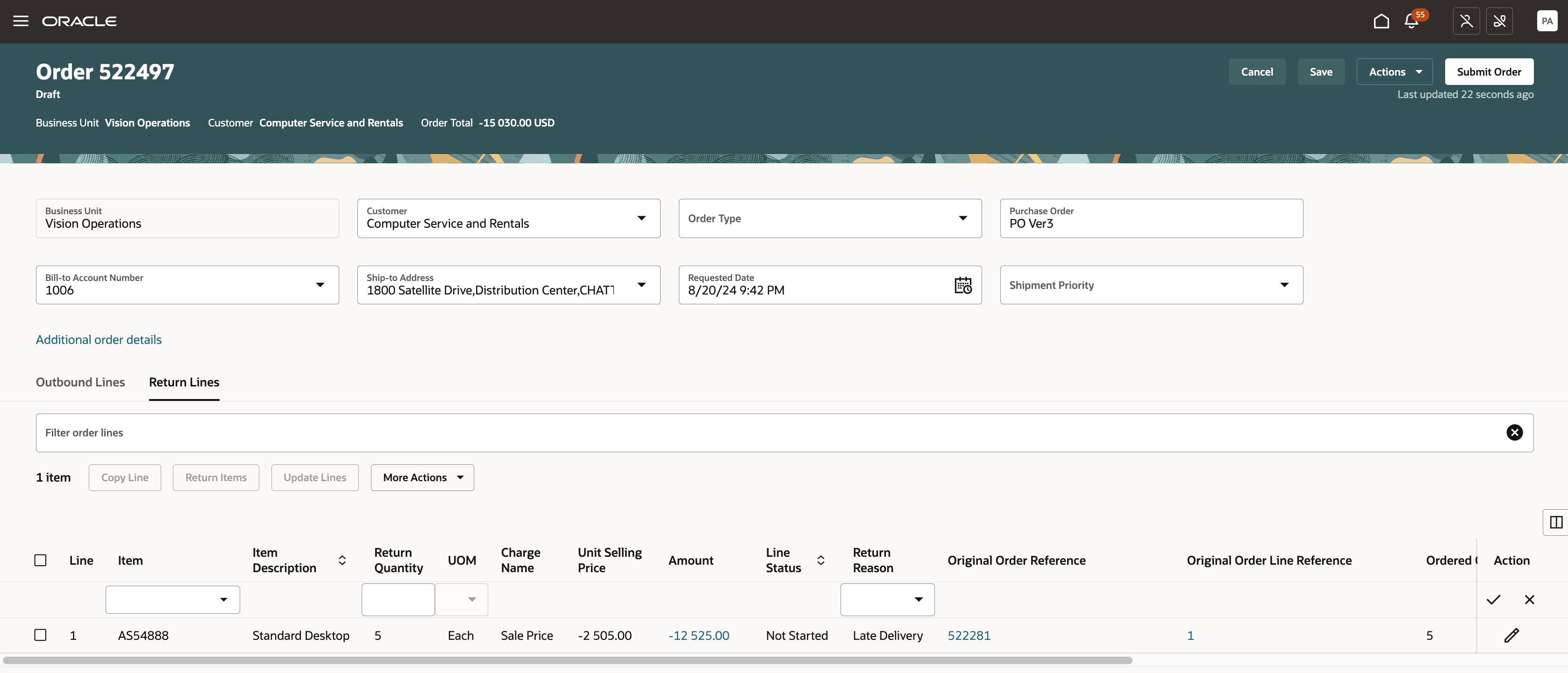 Return Lines tab on order screen