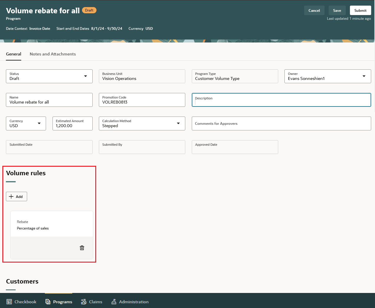 Customer Volume Program with 1 Volume Rule