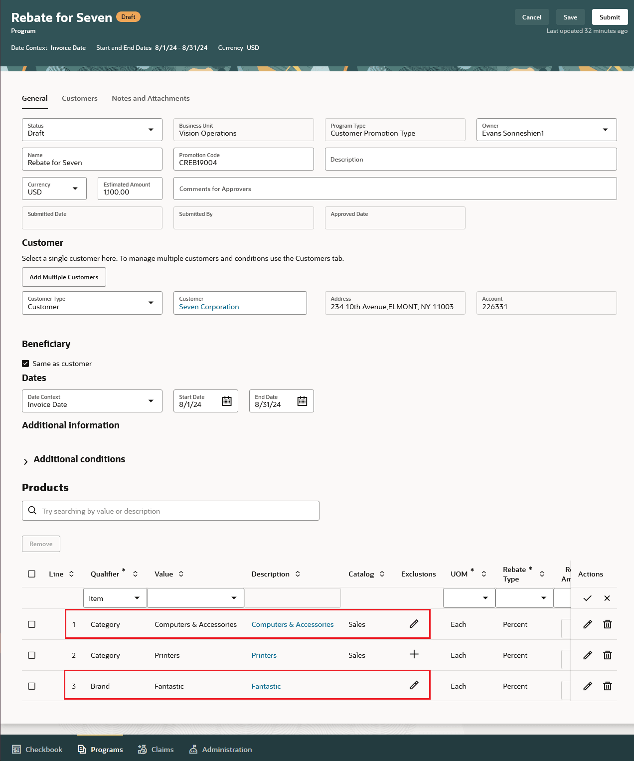 Customer Rebate Using Item Categories in Products