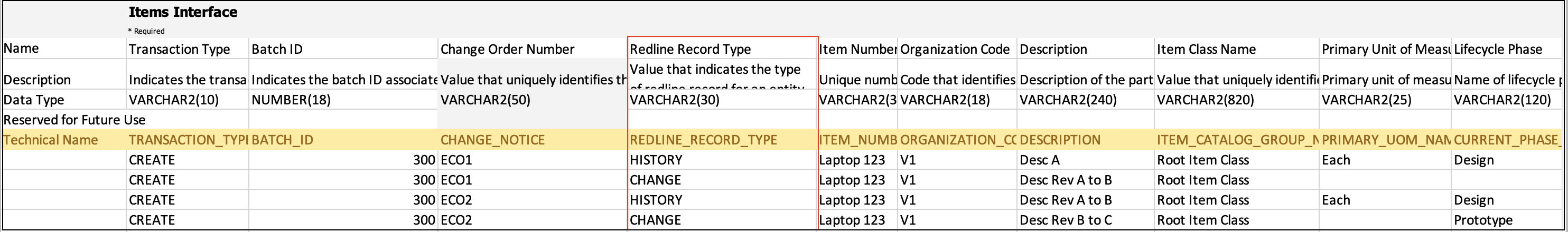 Change Order Number and Redline Record Type Columns on the Items Interface Sheet