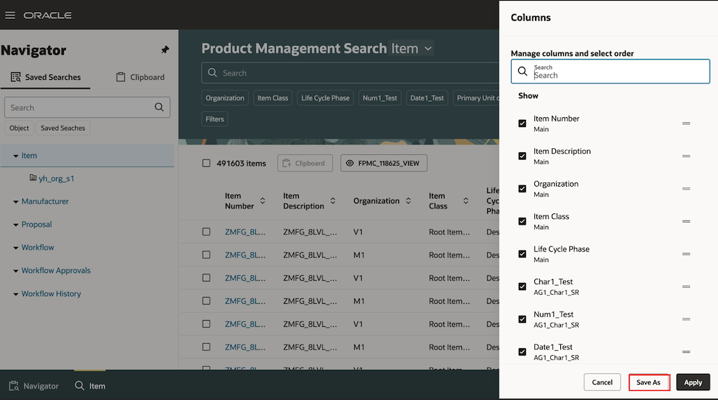 Columns Drawer - Manage Columns and Select Order