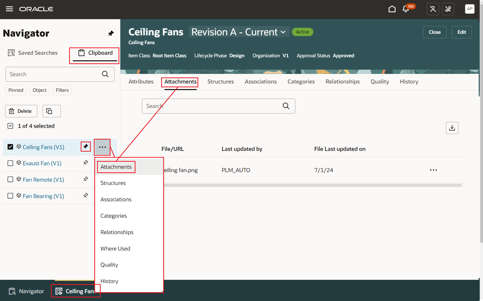 Navigating to the Attachments Tab from the Clipboard in Product Lifecycle Management Navigator