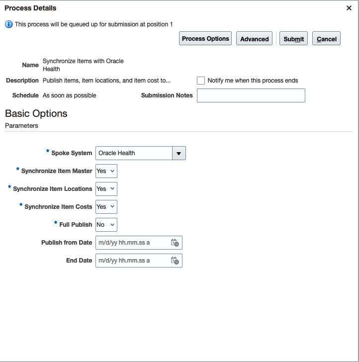 Synchronize Items with Oracle Health Schedule Process Parameters