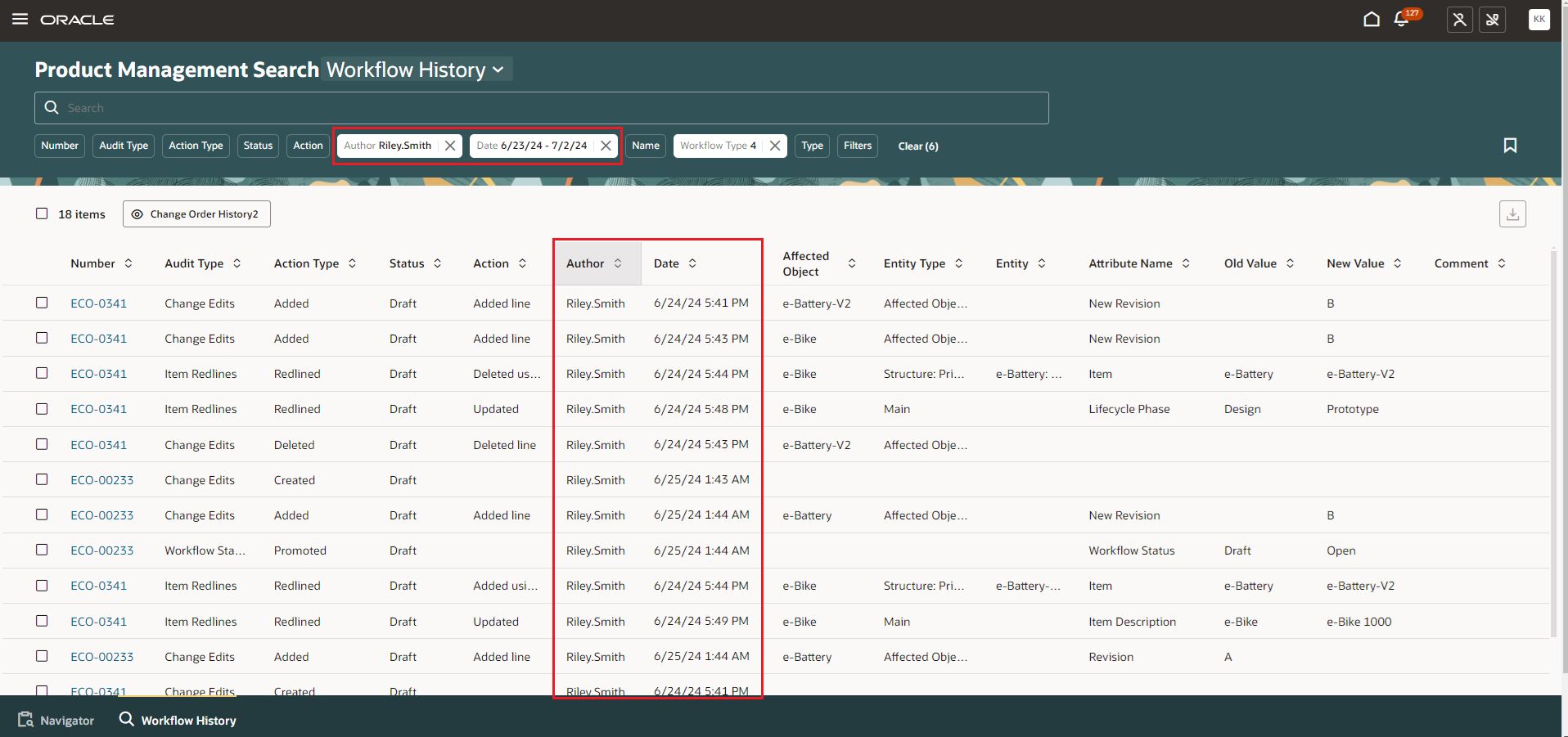 History Records for Workflow Edits Filtered by Author and Date 