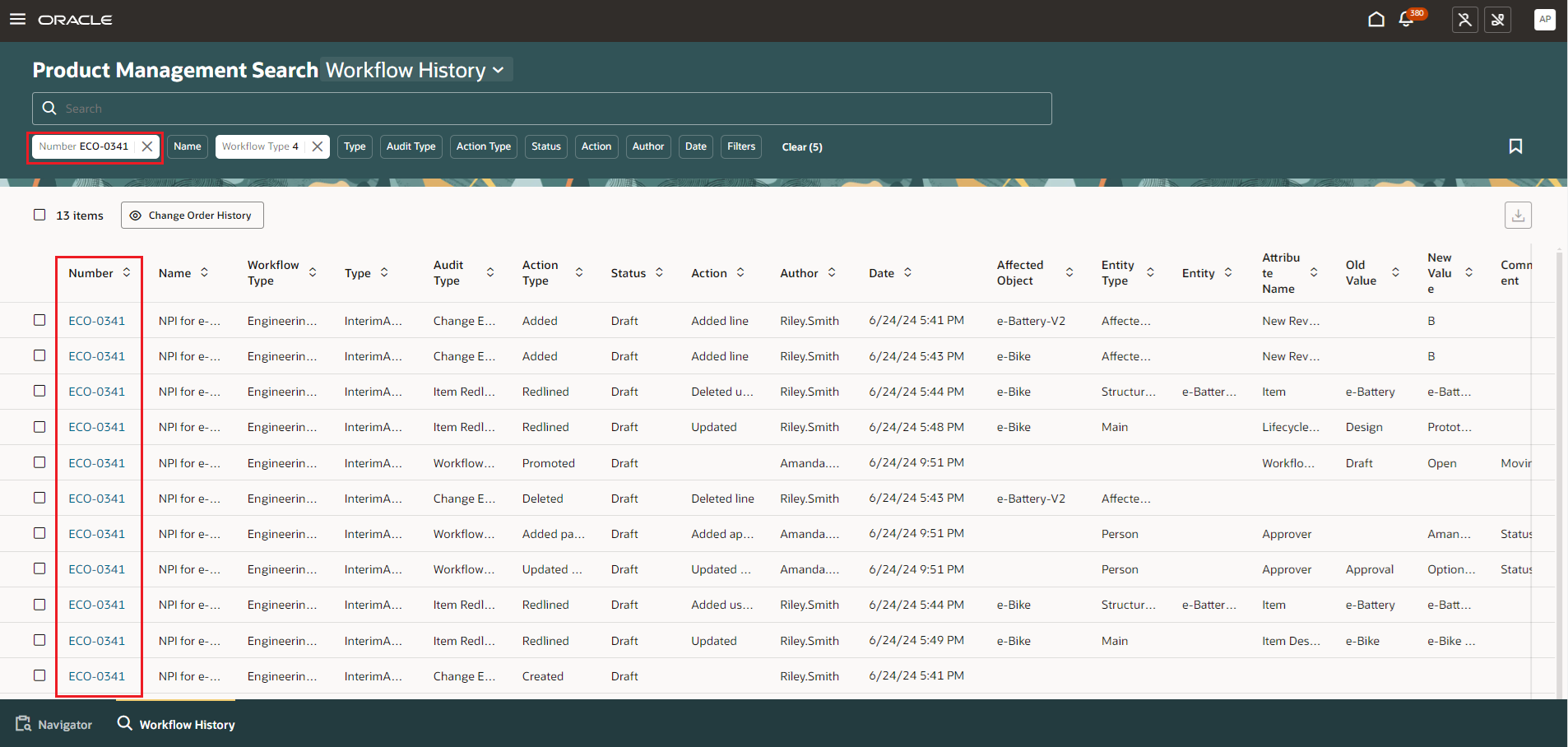 History Records Filtered by Change Number.