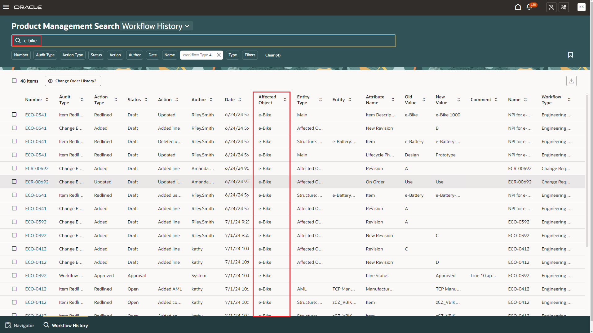  History Records Filtered by Affected Object