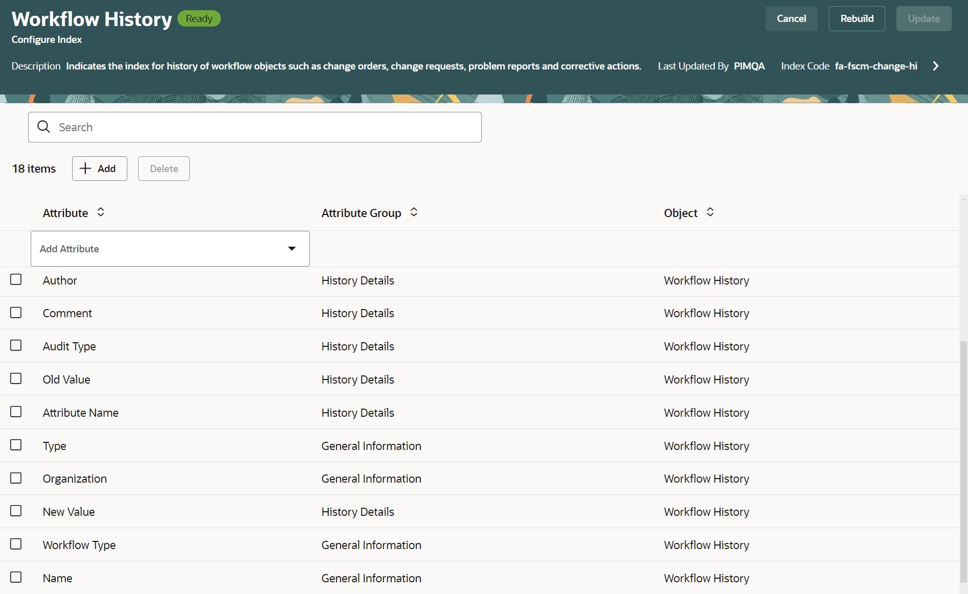 Configure Index Page for Change Attributes