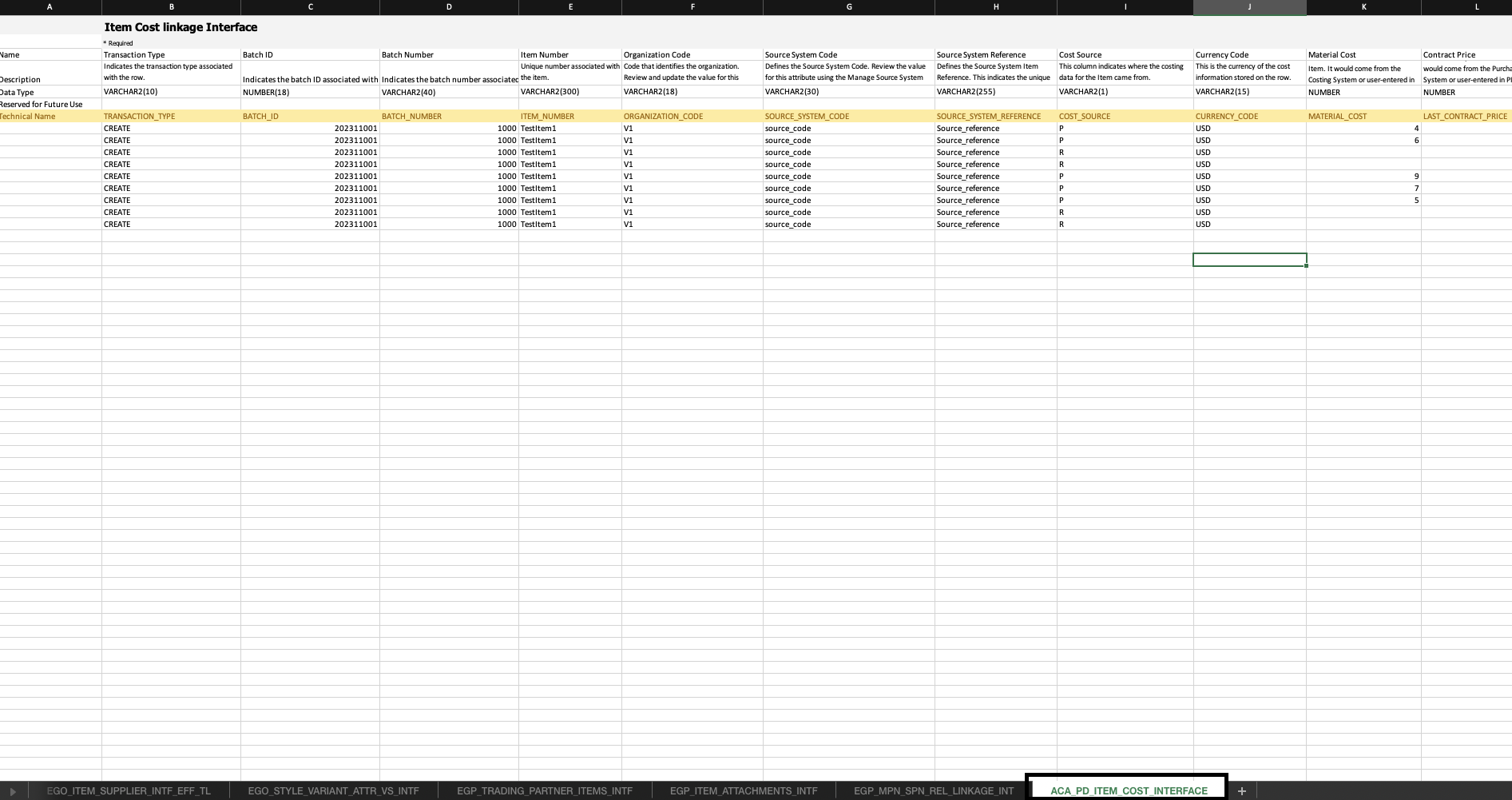 FBDI Template Updated With Cost Source, Currency Code, Material Cost, and Contract Price Columns