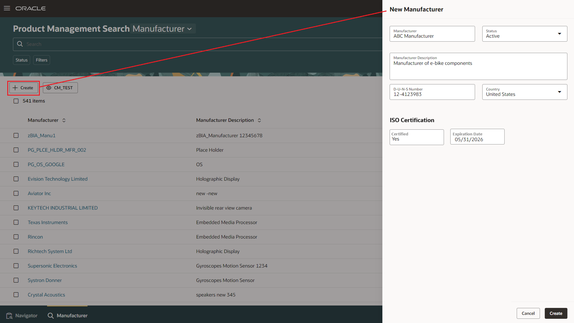 Create Manufacturer from Product Management Search Manufacturer Page