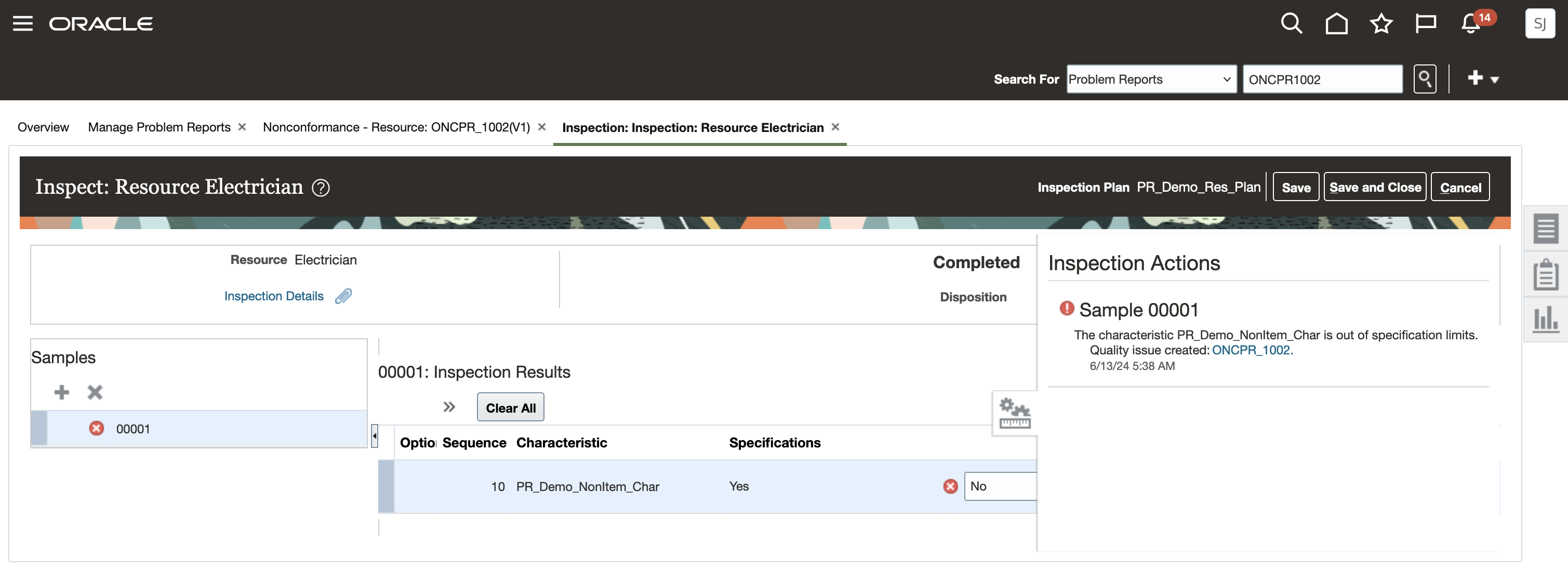 Problem Report Created for Nonconformance of Resource