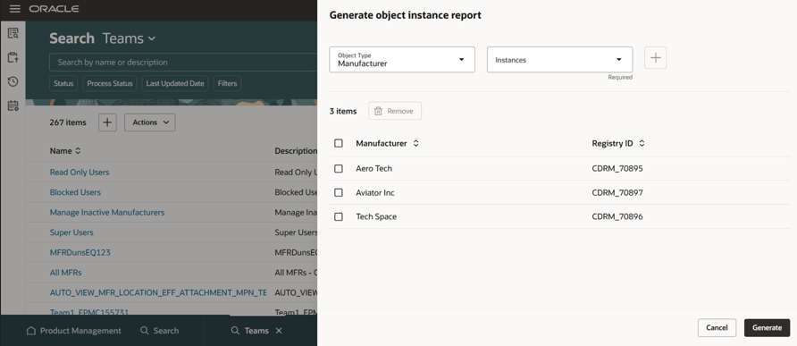 Select Generate Object Instance Report from the Actions Menu