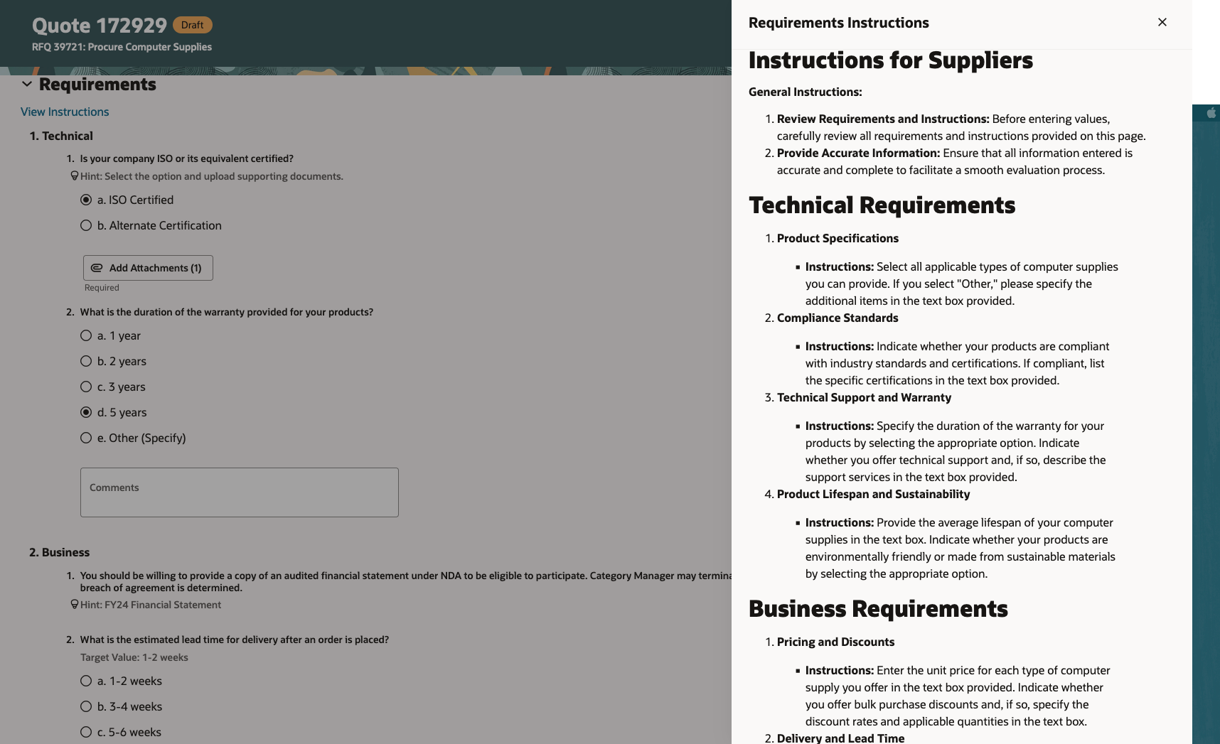 View instructions and enter requirement values for all sections on the same page