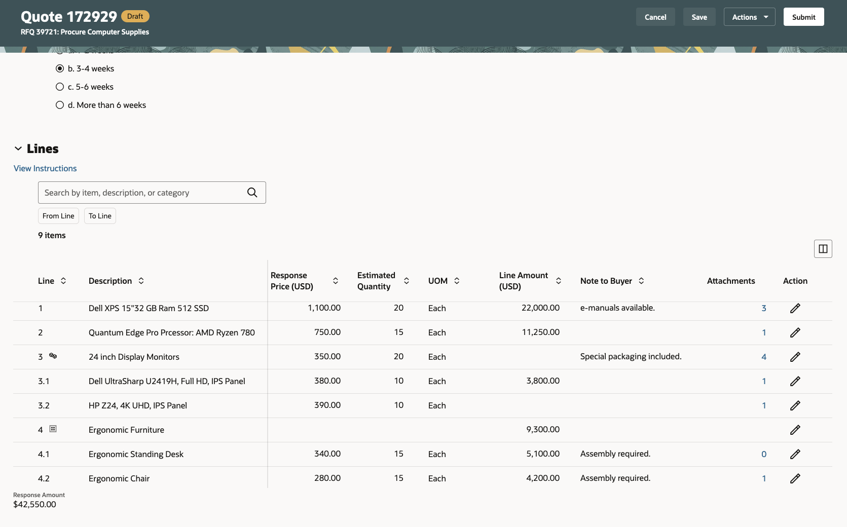 Filter negotiation lines and enter values to see the updated response amount