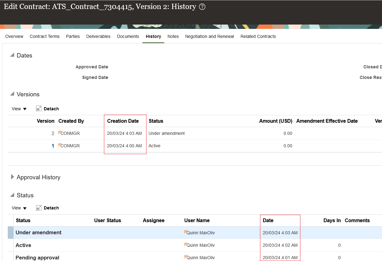 Creation Date in History Tab