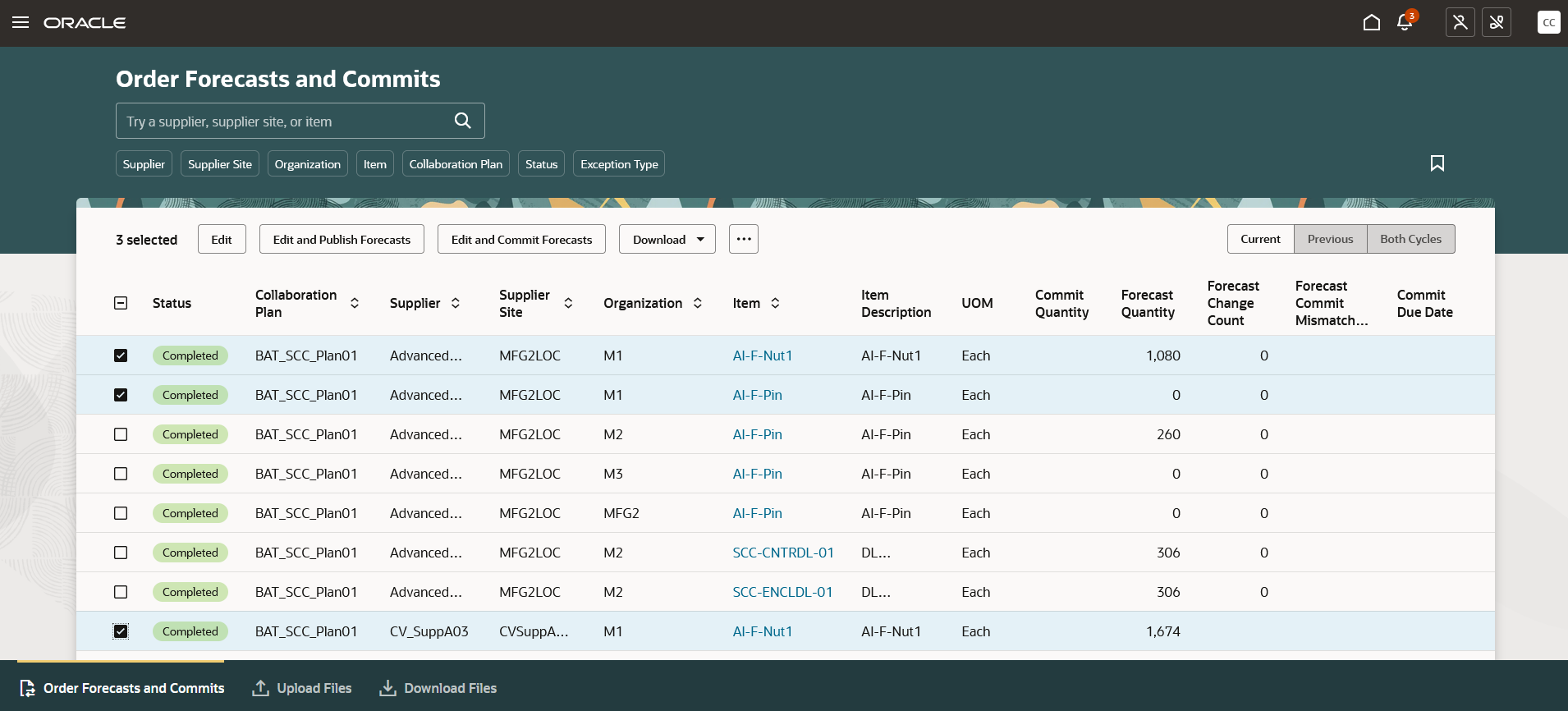 Order Forecasts and Commits Page