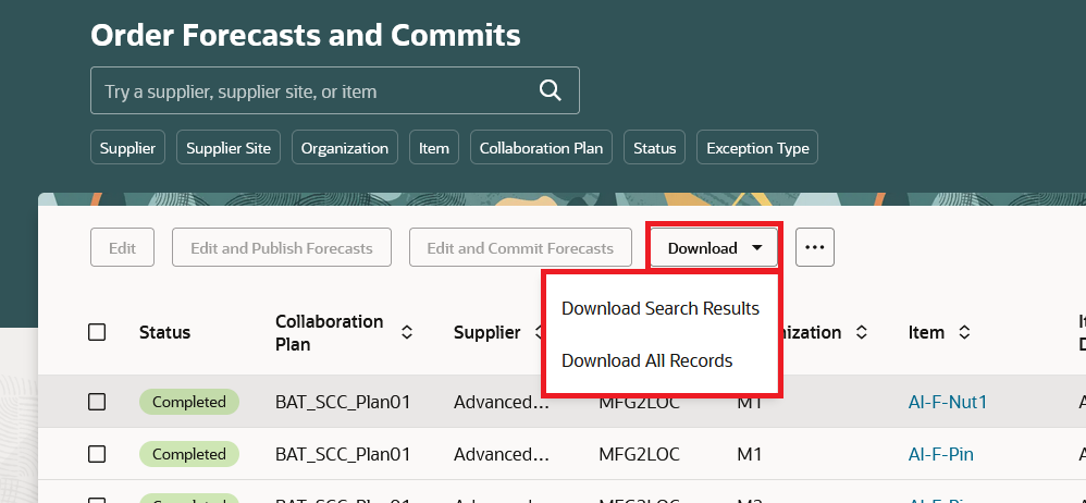 Order Forecasts and Commits: Download Menu Options