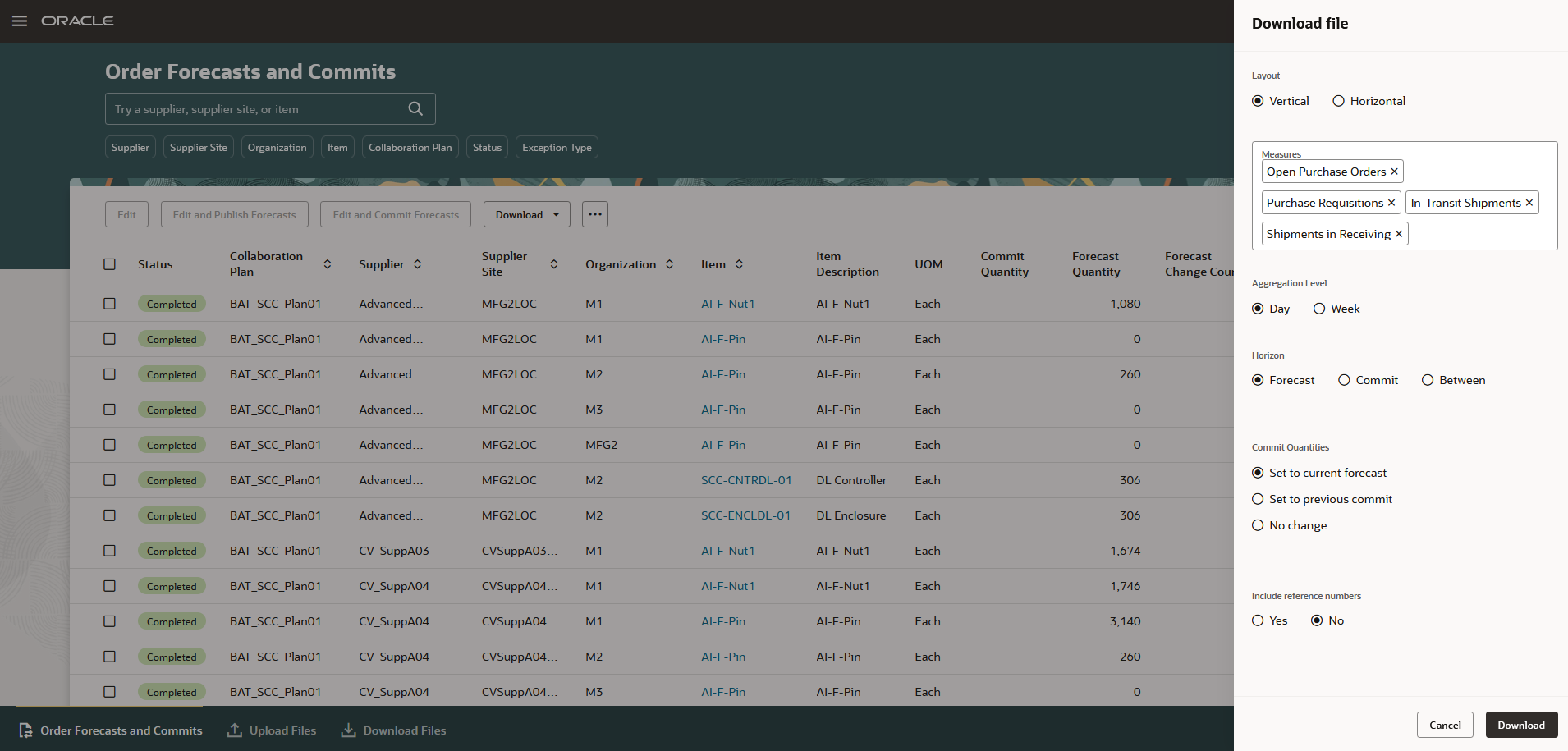 Order Forecasts and Commits: Download File Panel