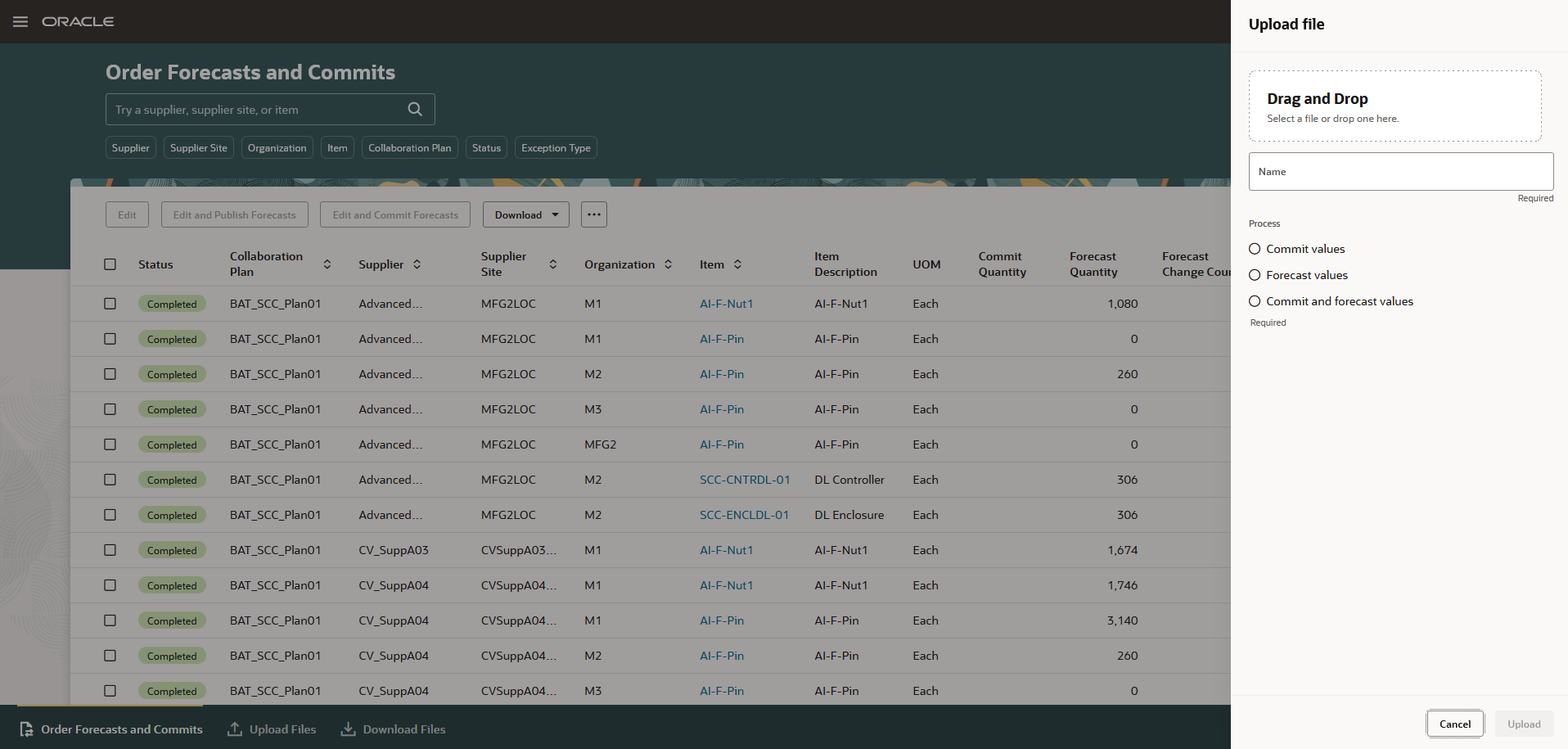 Order Forecasts and Commits: Upload File Panel