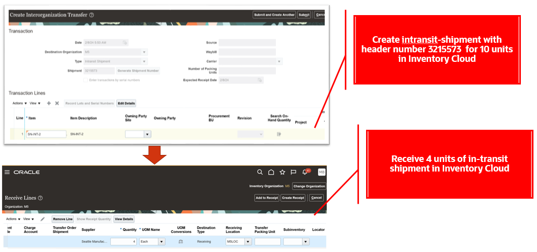 In-Transit Shipment and Its Receipts Created in SCM Inventory