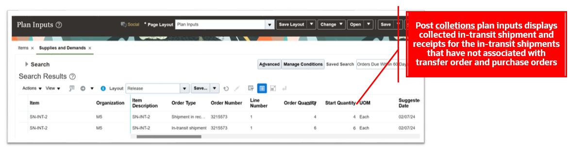 Plan Inputs Displays Collected In-Transit Shipments and Receipts