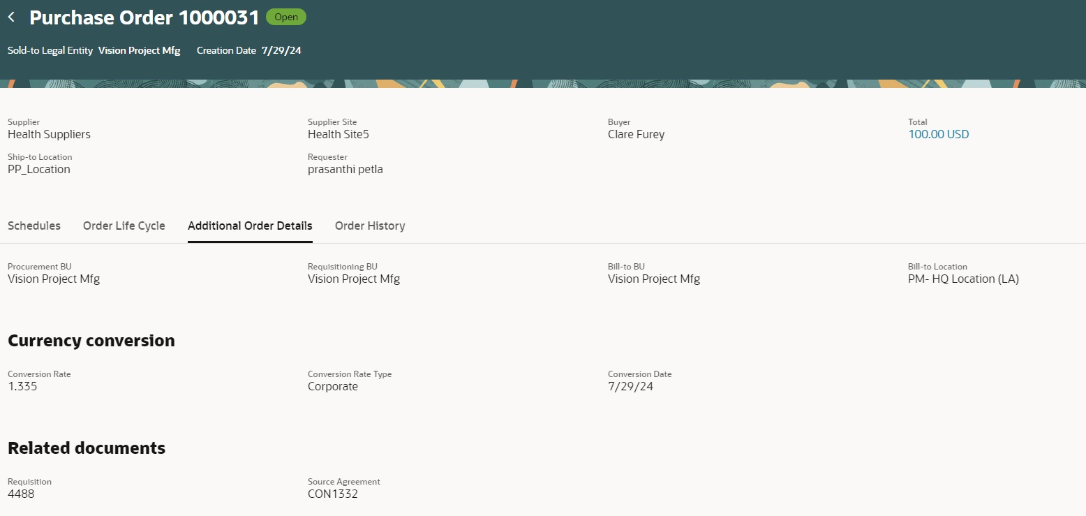 Purchase Order is created in the same BU in which requisition is created