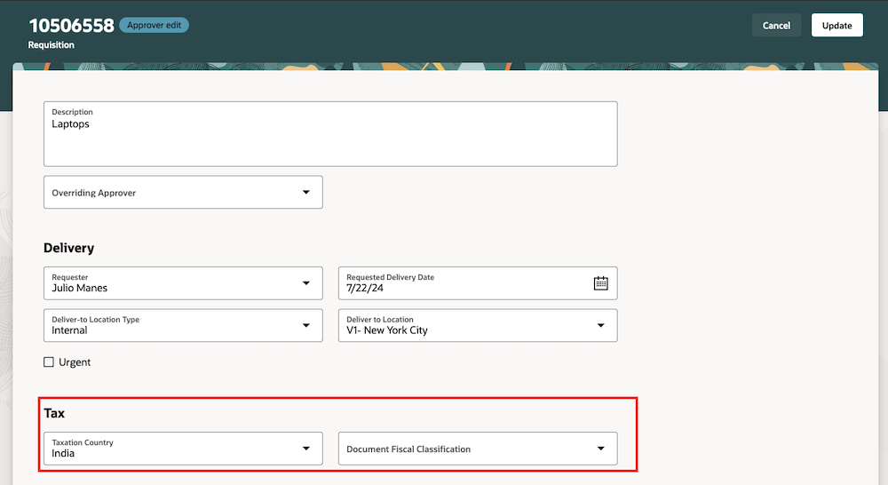 Override Values for Tax-Determinant Attributes While Editing a Requisition during an Approval Process