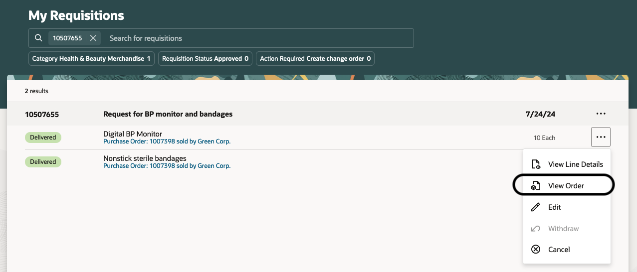 View Order from the My Requisitions Page