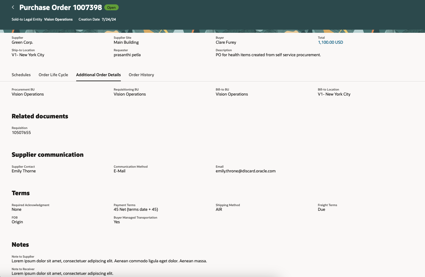 View Purchase Order - Additional Order Details