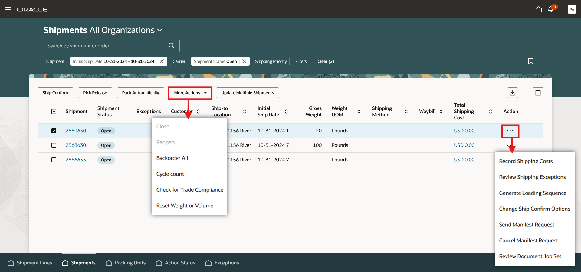 Shipments Actions