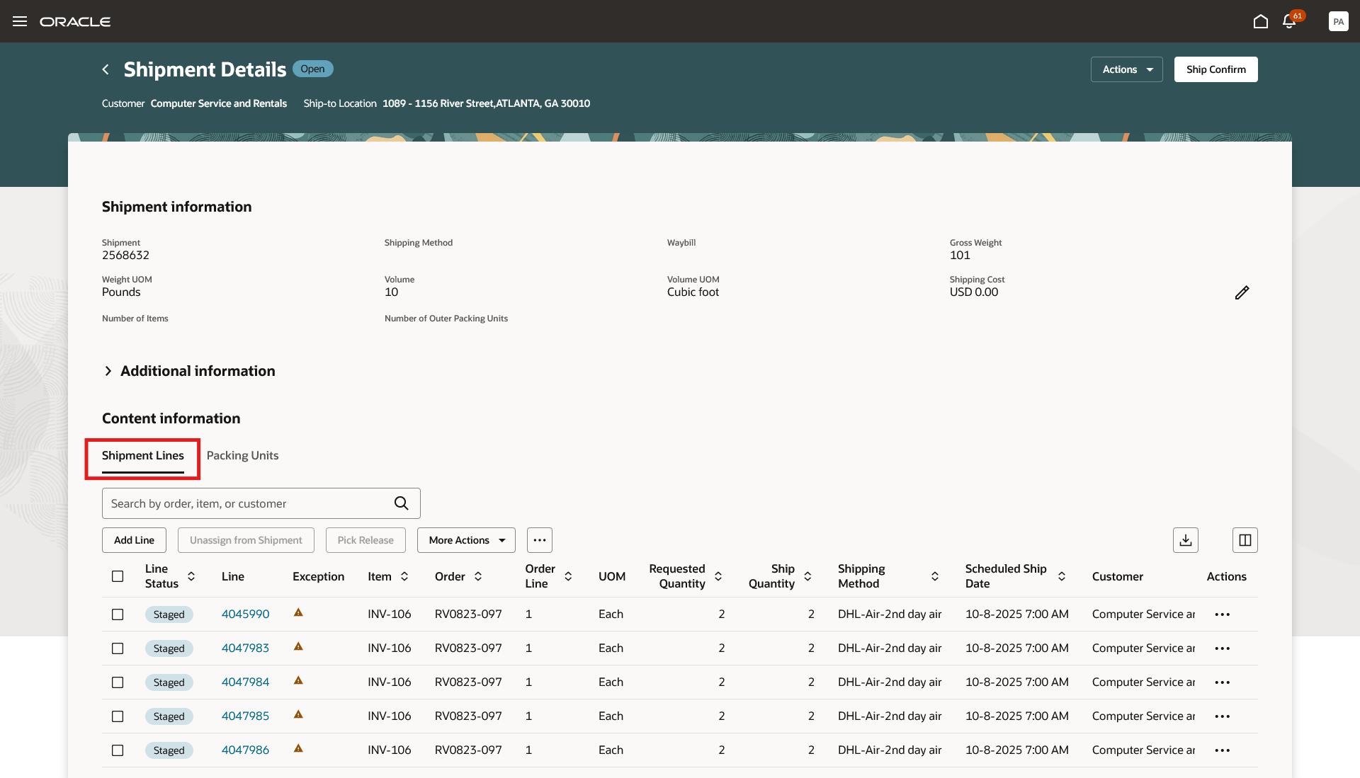 Shipment Details Page - Shipment Lines Tab