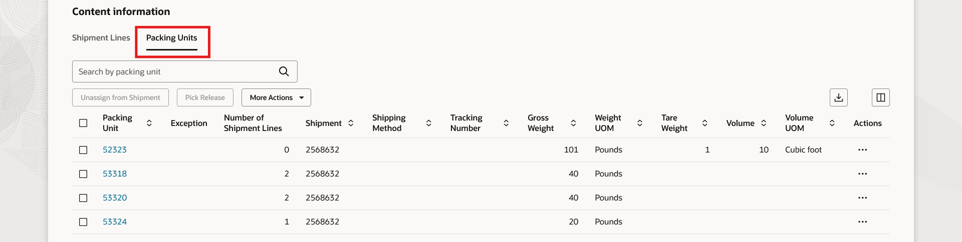 Shipment Details Page - Packing Units Tab