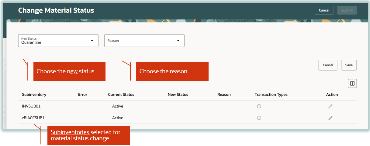 Change Material Status for Subinventories