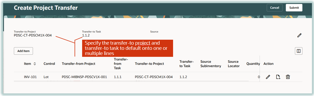 Create Project Transfer Action