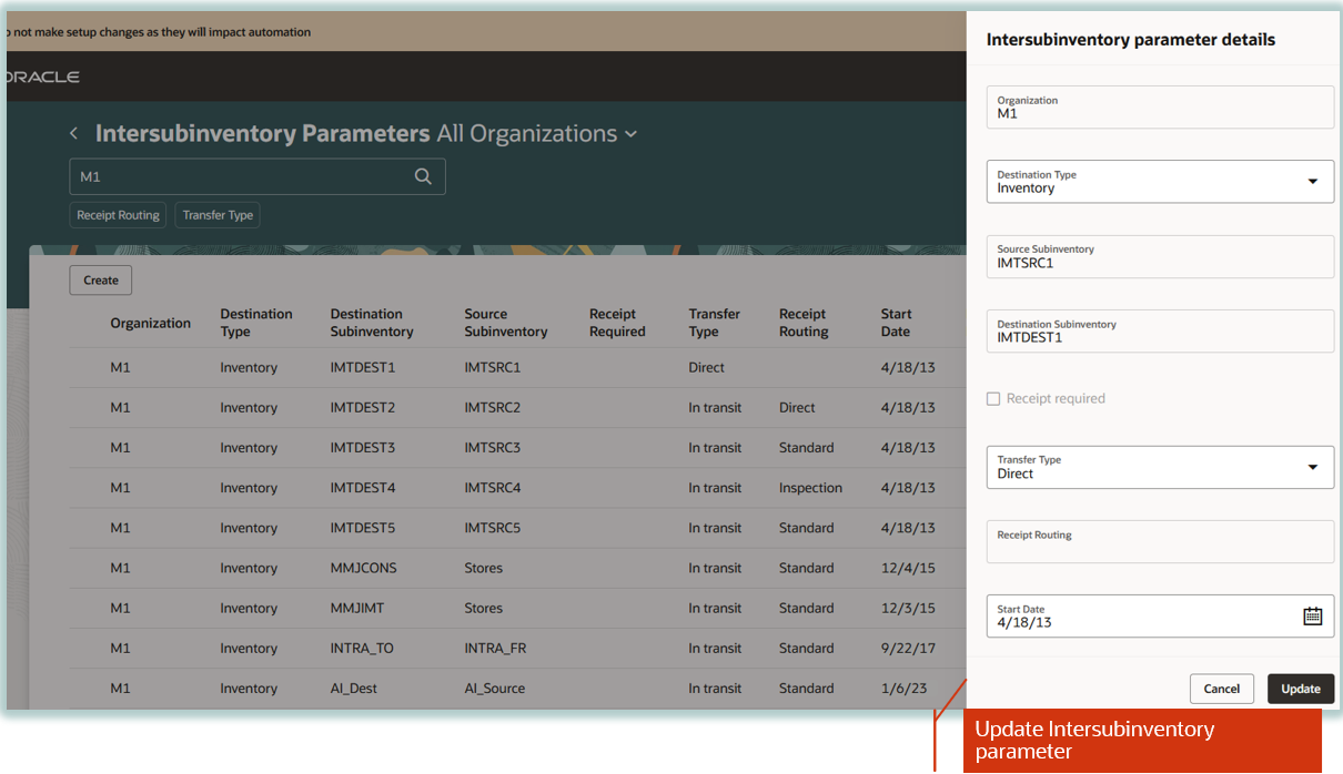 Update Intersubinventory parameter