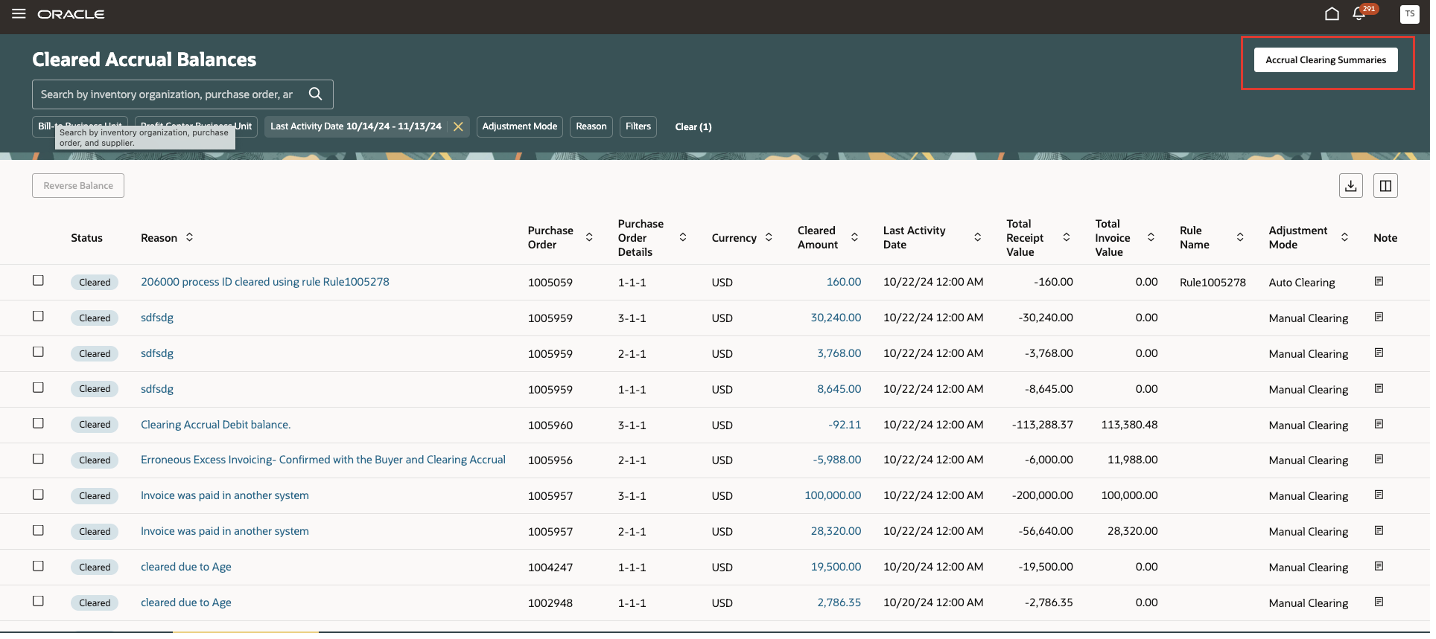 View Accrual Clearing Summaries