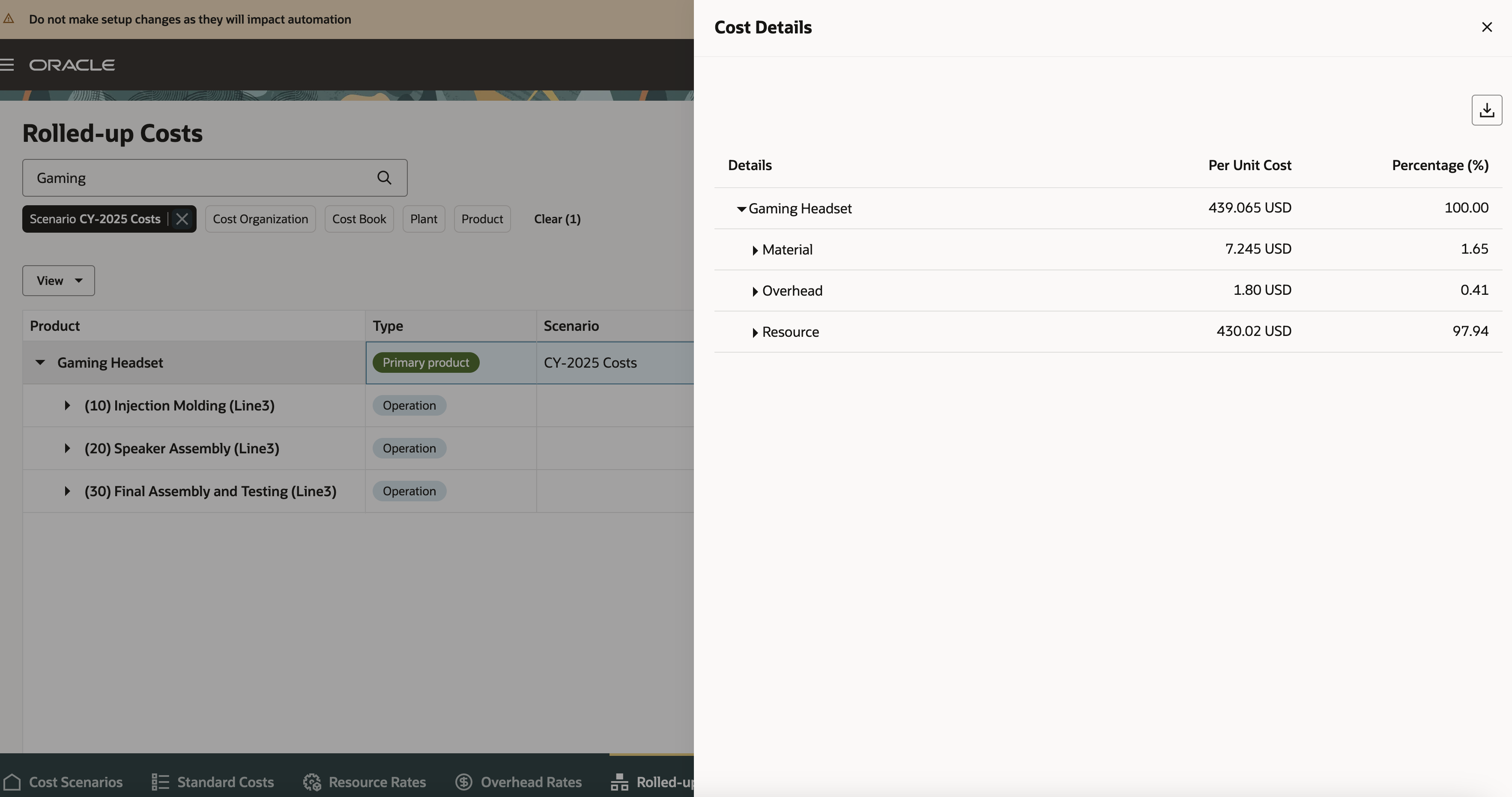 Cost Details in Rolled-up Costs Page