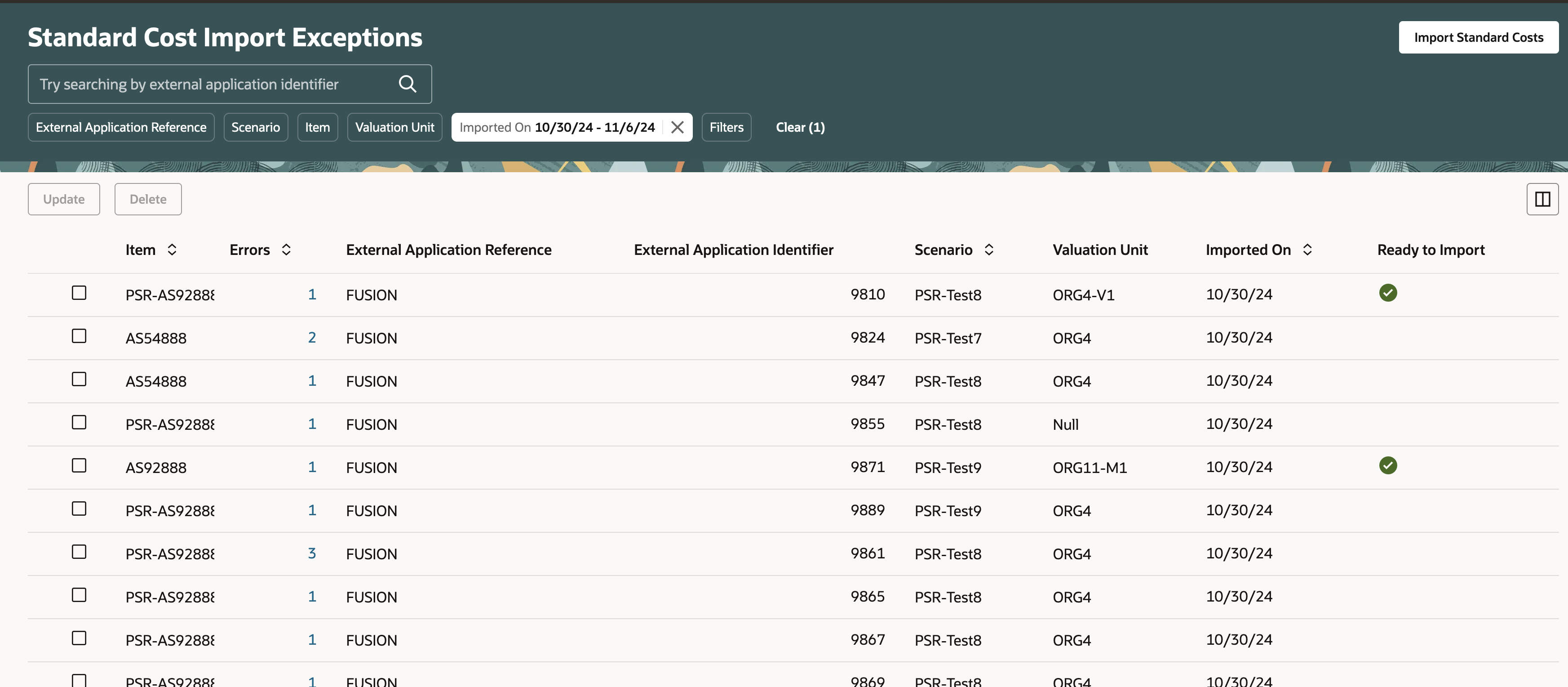 Standard Cost Import Exceptions Landing Page
