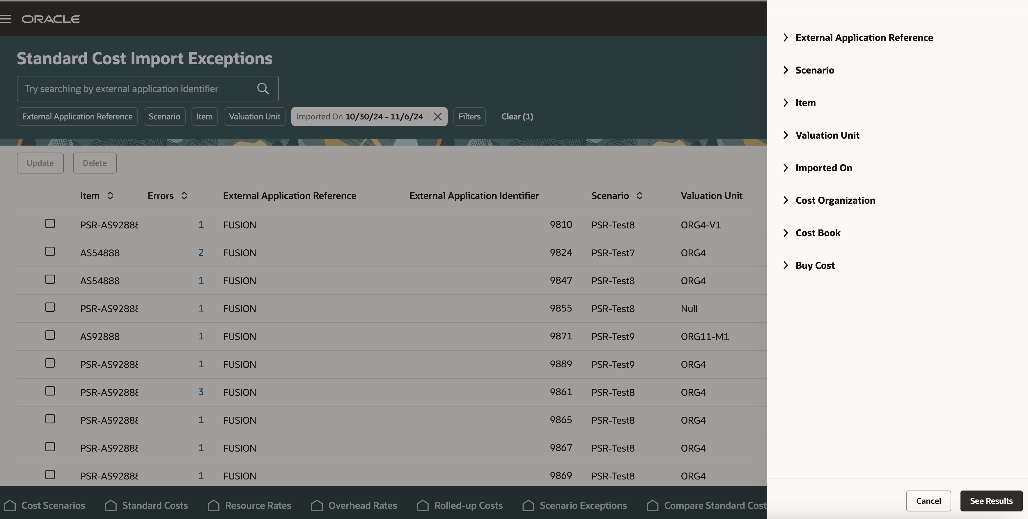 Standard Cost Import Exceptions with Additional Filters