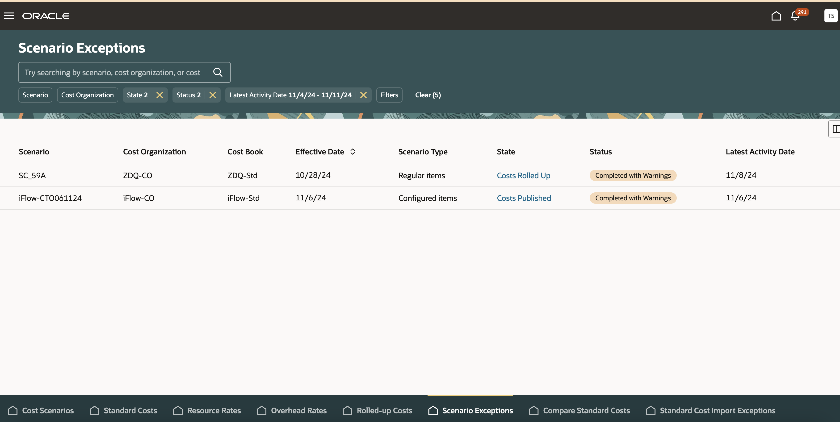 Scenario Exceptions Landing Page