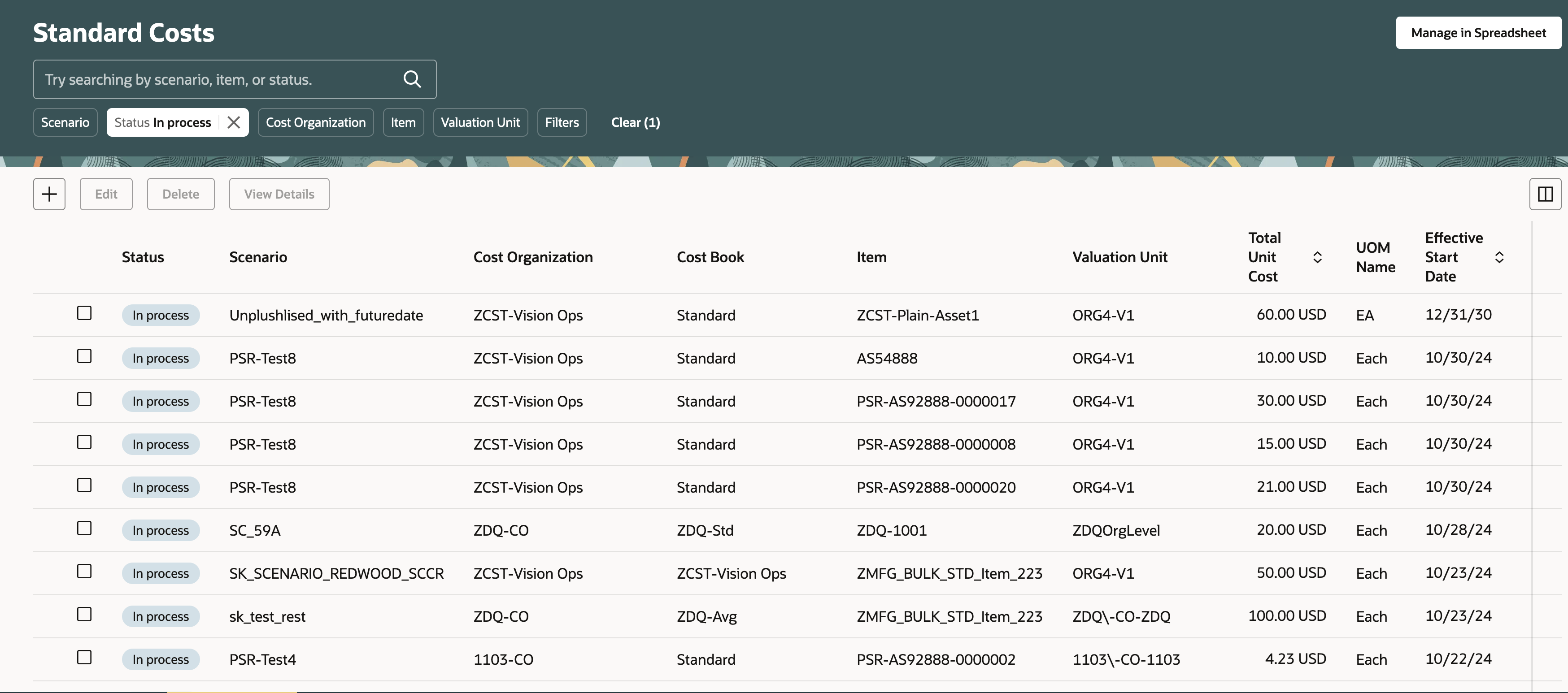 Standard Costs Landing Page