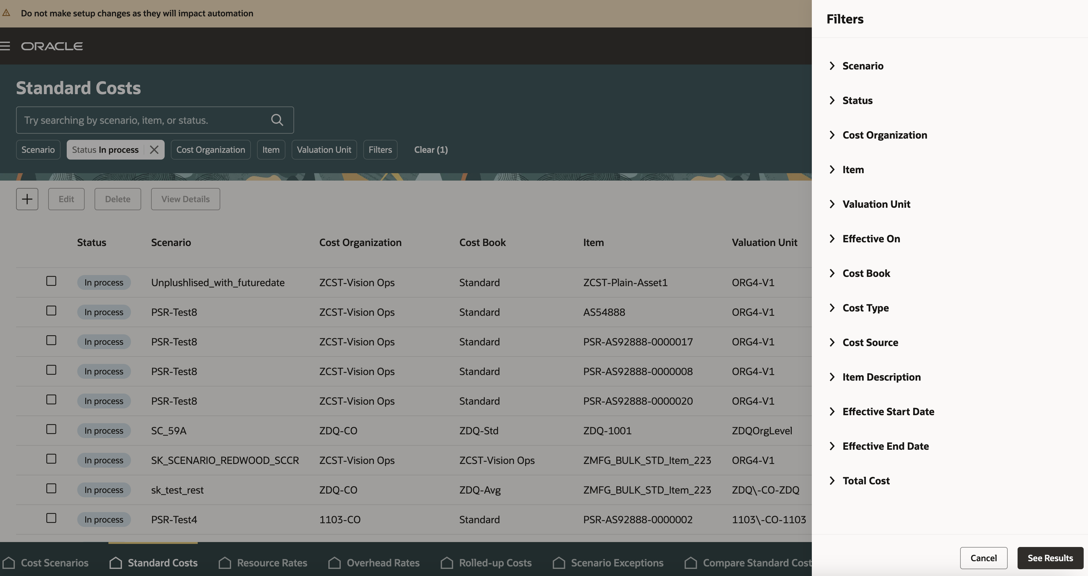 Standard Costs with Additional Filters