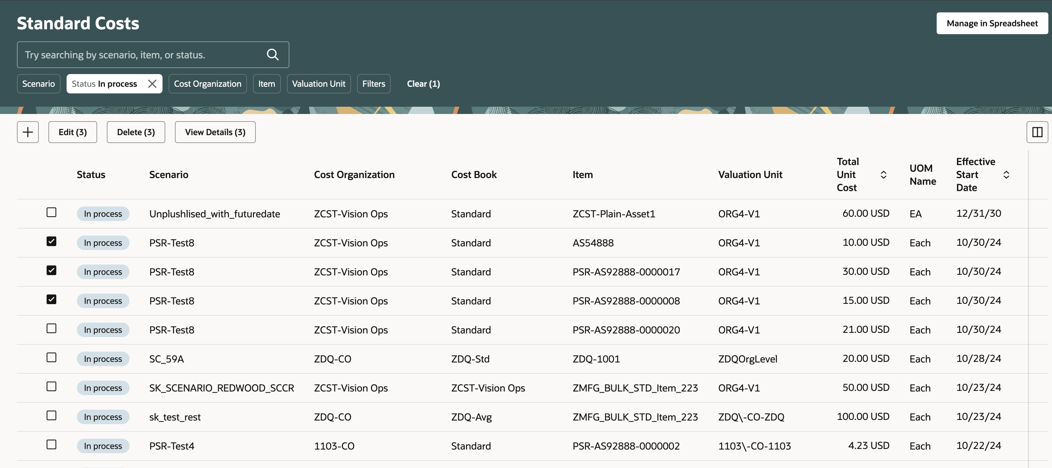 Edit Multiple Standard Cost Records