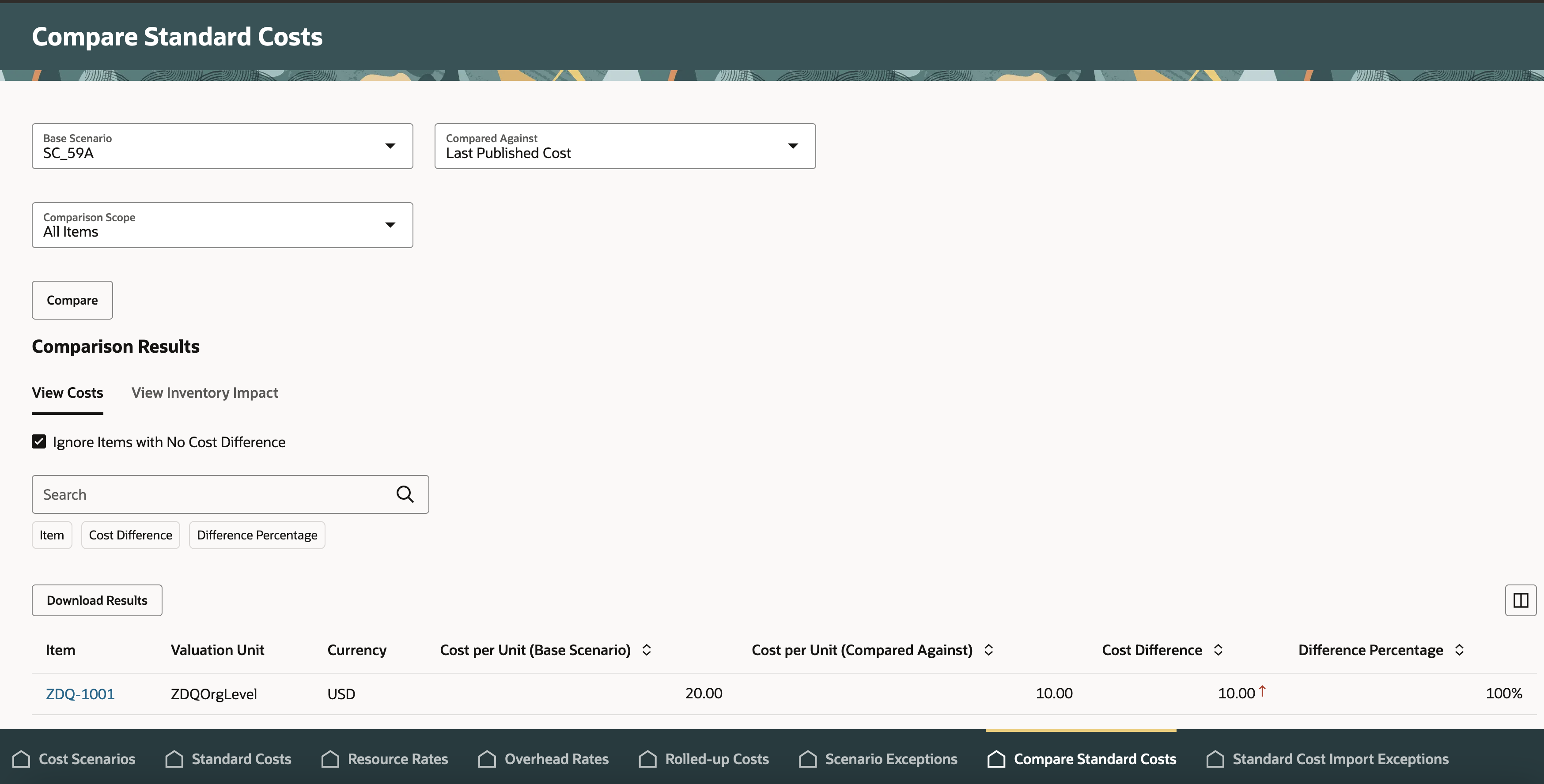 Compare Standard Costs - View Costs